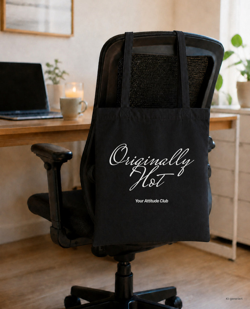 Originally Hot – Stoffbeutel mit Spruch schwarz mit weißem Aufdruck, am Bürostuhl im Büro