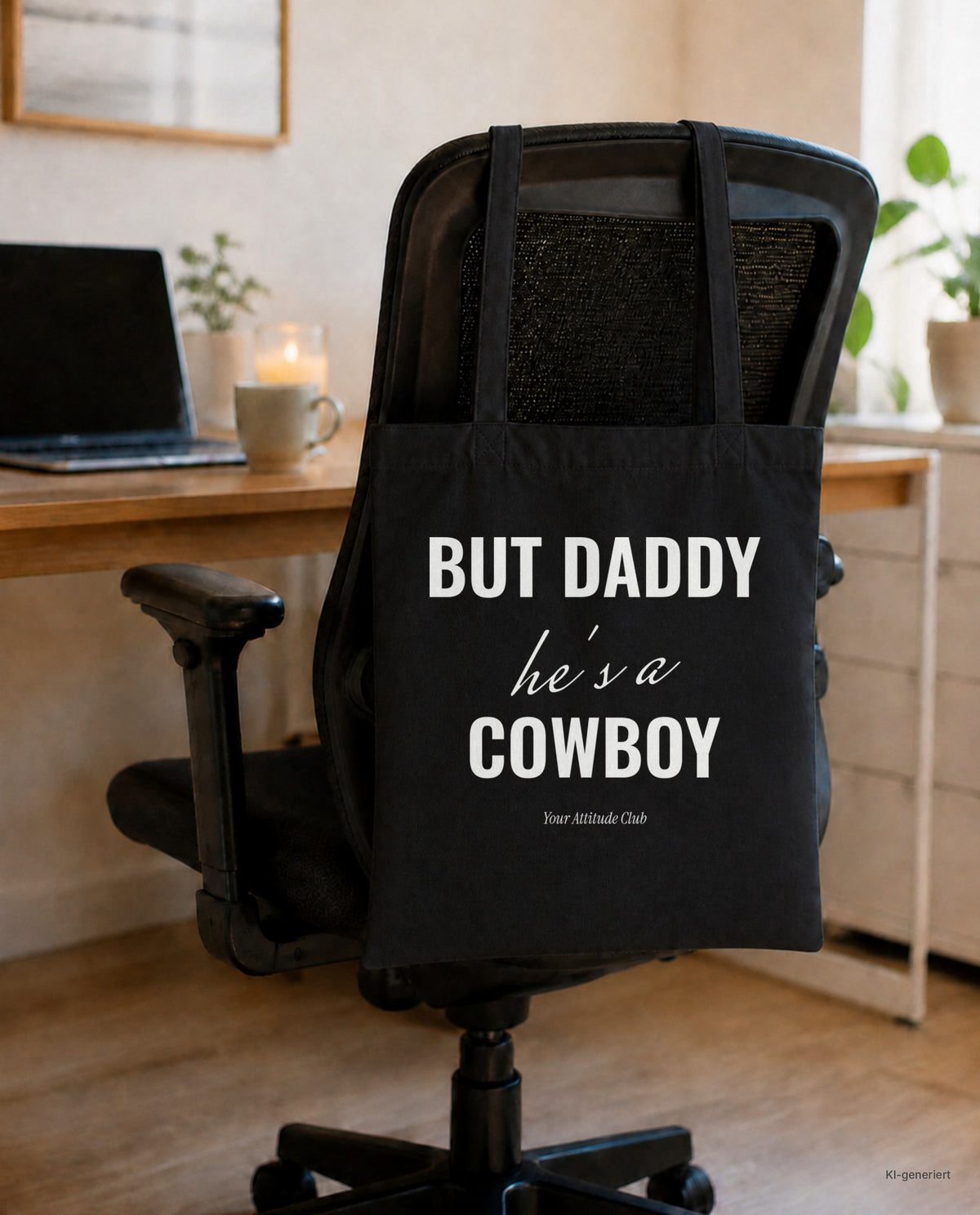 But Daddy he's a cowboy – Stoffbeutel mit Spruch schwarz mit weißem Aufdruck, am Bürostuhl im Büro