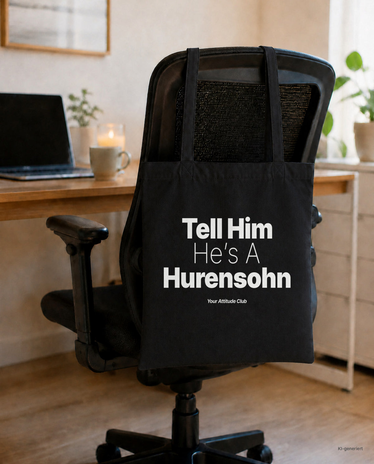 Tell Him He’s A Hurensohn – Stoffbeutel mit Spruch schwarz mit weißem Aufdruck, am Bürostuhl im Büro