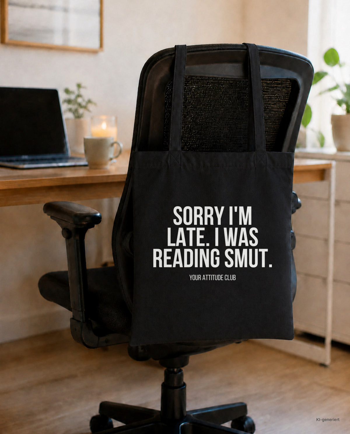 Sorry I'm late. I was reading smut. – Stoffbeutel mit Spruch schwarz mit weißem Aufdruck, am Bürostuhl im Büro
