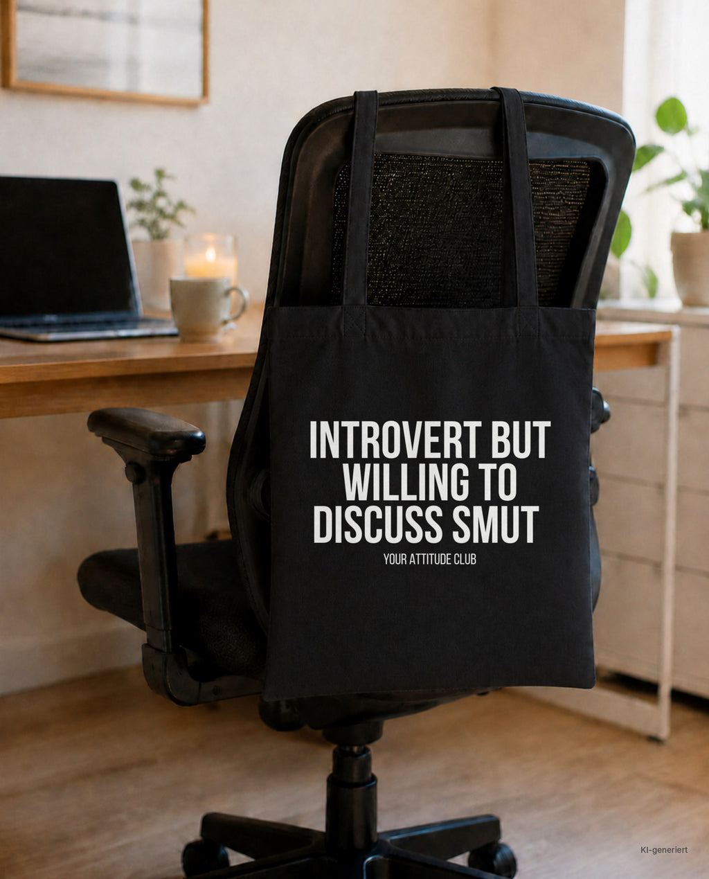Introvert but willing to discuss smut – Stoffbeutel mit Spruch schwarz mit weißem Aufdruck, am Bürostuhl im Büro