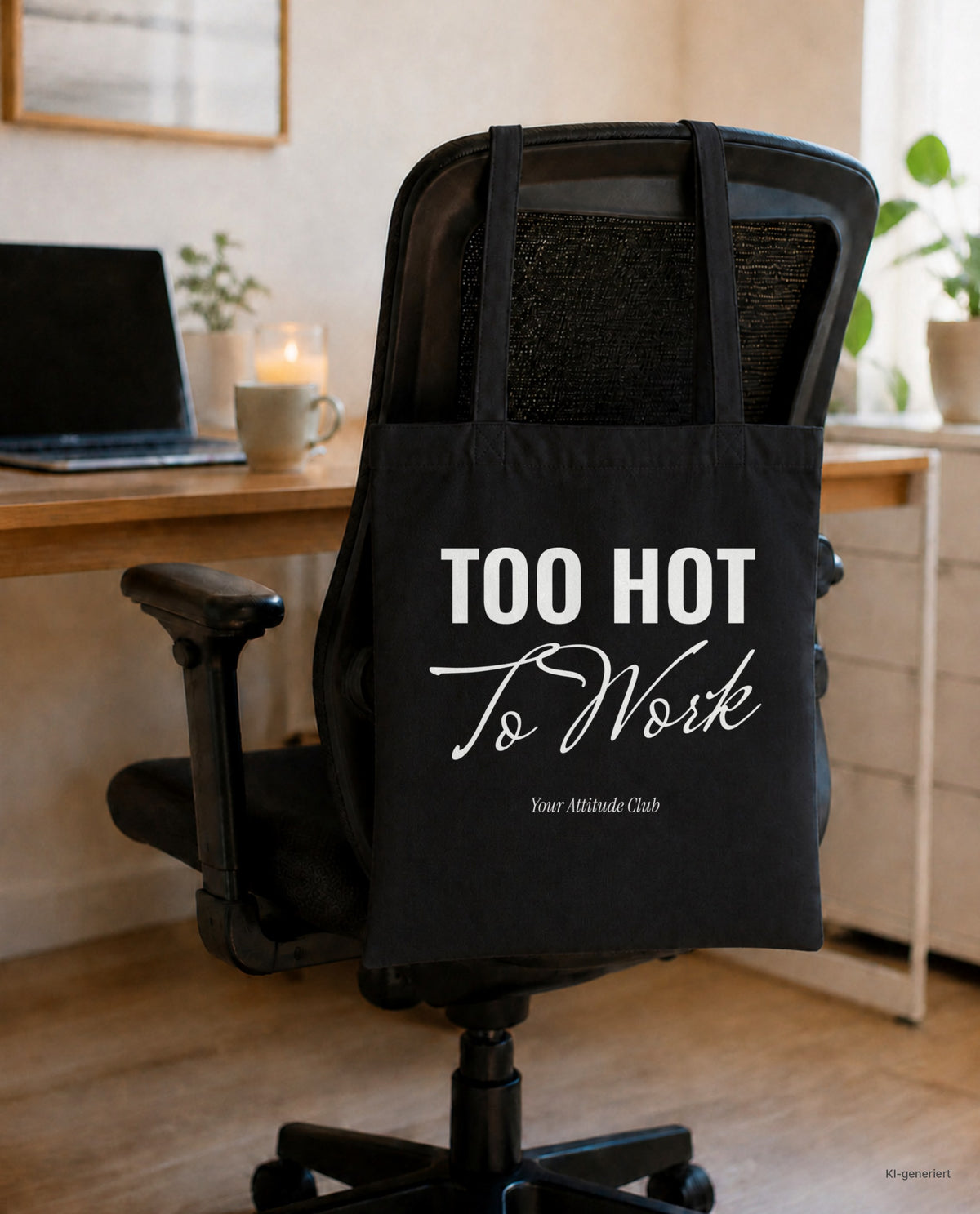 Too Hot To Work – Stoffbeutel mit Spruch schwarz mit weißem Aufdruck, am Bürostuhl im Büro