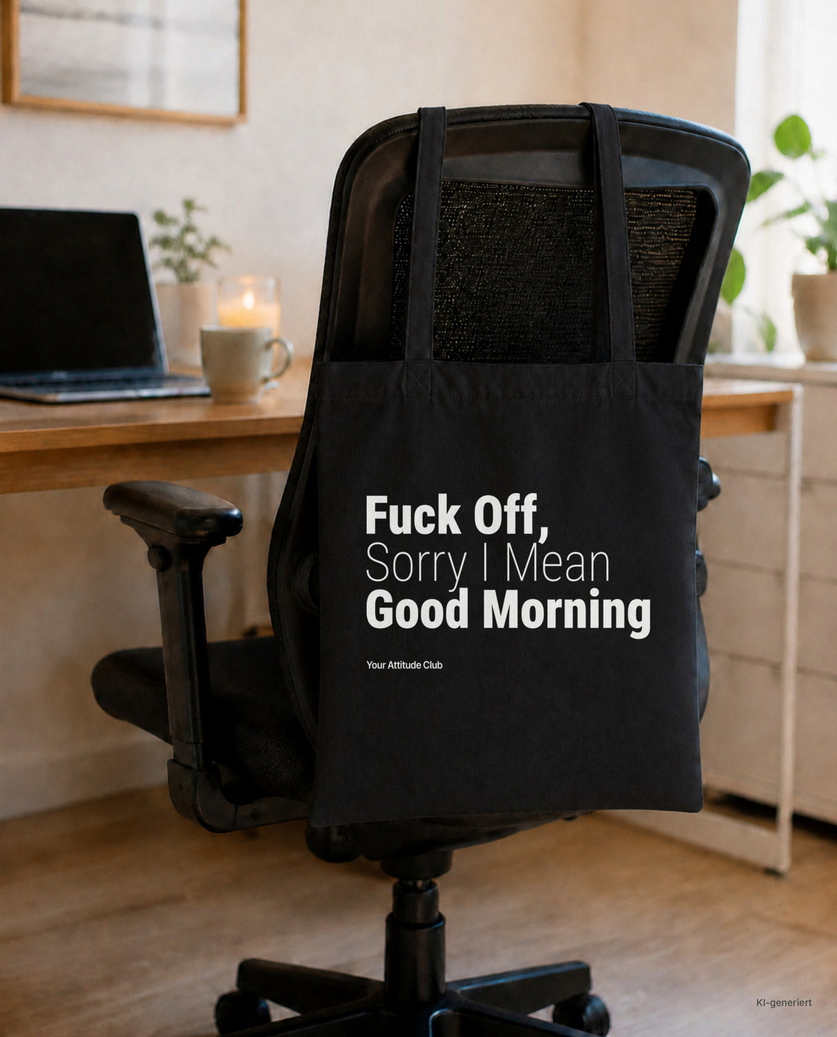 Fuck Off, Sorry I Mean Good Morning – Stoffbeutel mit Spruch schwarz mit weißem Aufdruck, am Bürostuhl im Büro