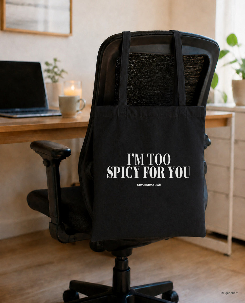 I’m Too Spicy For You – Stoffbeutel mit Spruch schwarz mit weißem Aufdruck, am Bürostuhl im Büro