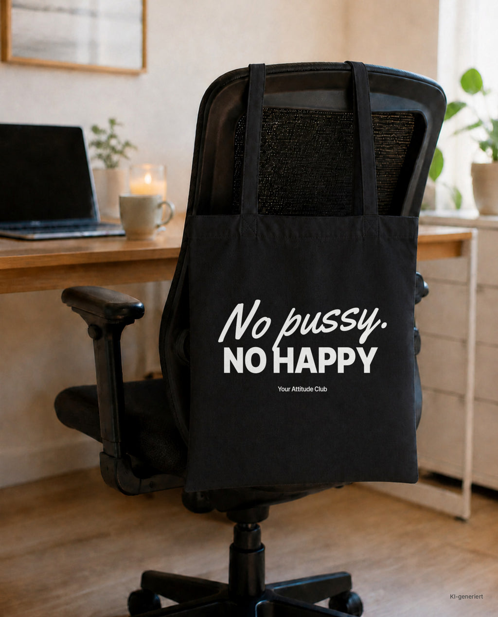 No pussy. No happy – Stoffbeutel mit Spruch schwarz mit weißem Aufdruck, am Bürostuhl im Büro