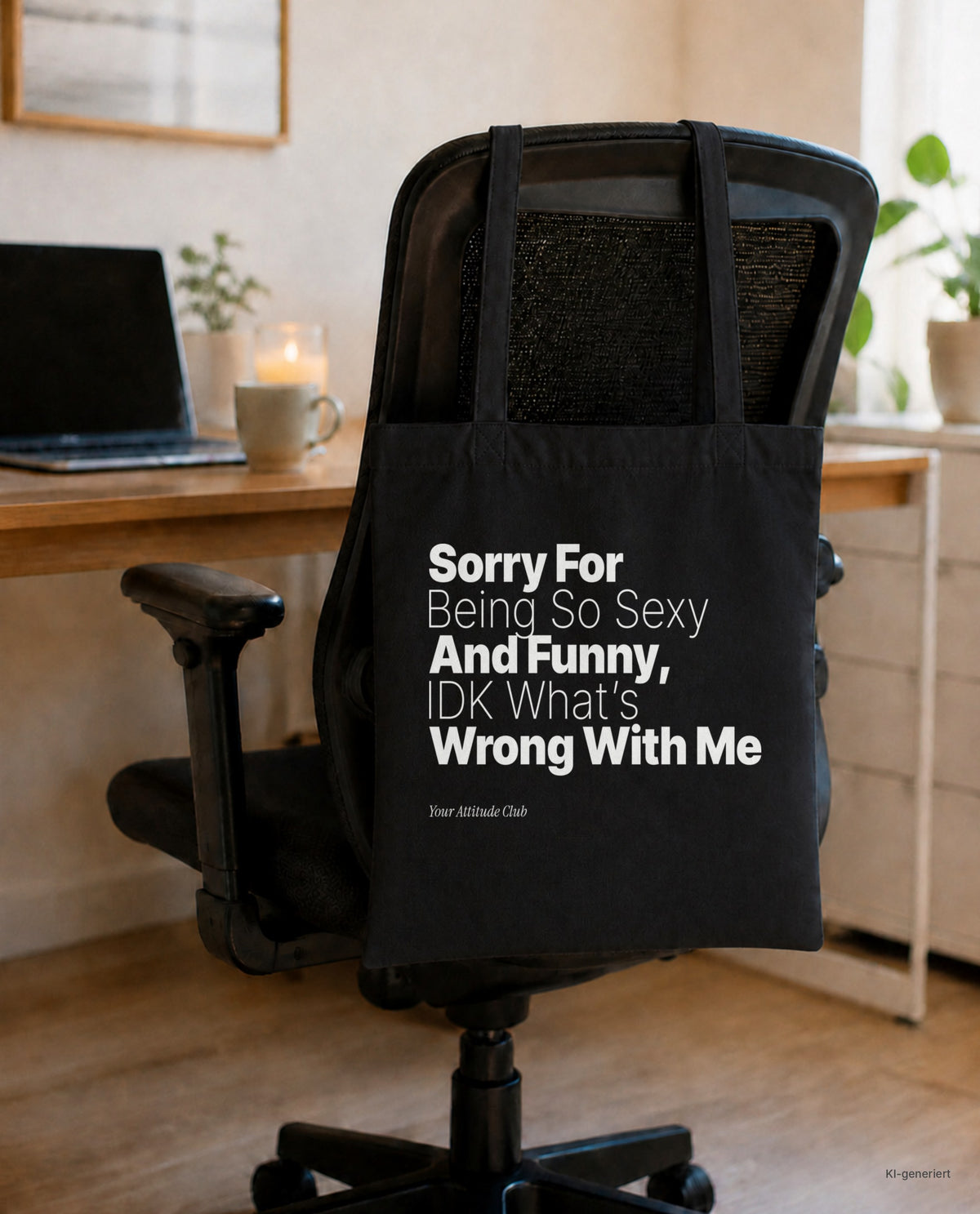 Sorry For Being So Sexy And Funny, IDK What’s Wrong With Me – Stoffbeutel mit Spruch schwarz mit weißem Aufdruck, am Bürostuhl im Büro