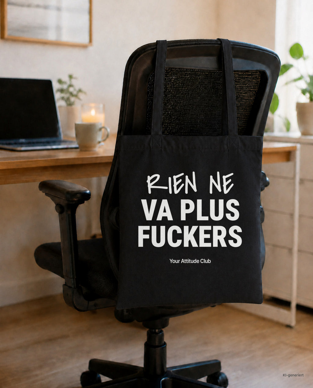 Rien Ne Va Plus Fuckers – Stoffbeutel mit Spruch schwarz mit weißem Aufdruck, am Bürostuhl im Büro