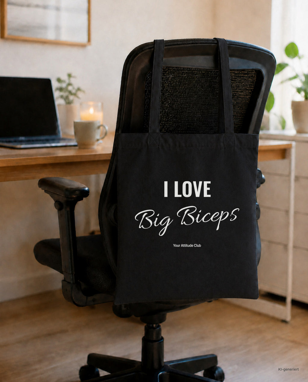 I Love Big Biceps – Stoffbeutel mit Spruch schwarz mit weißem Aufdruck, am Bürostuhl im Büro