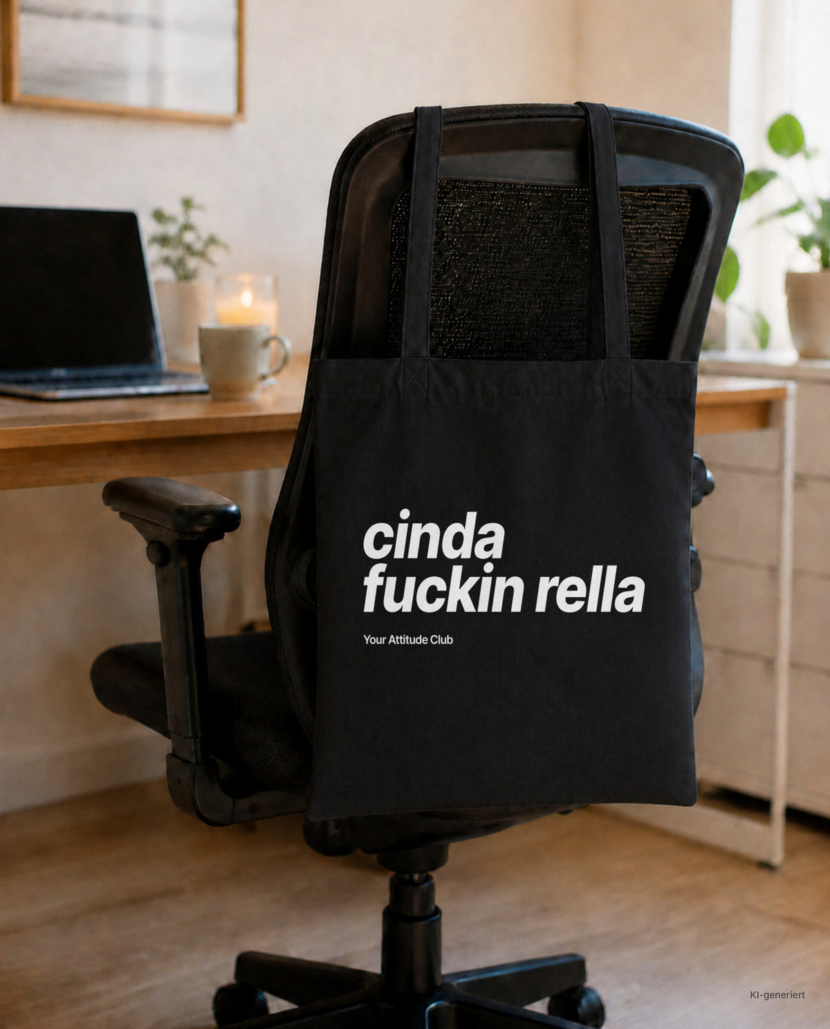 Cinda Fuckin Rella – Stoffbeutel mit Spruch schwarz mit weißem Aufdruck, am Bürostuhl im Büro