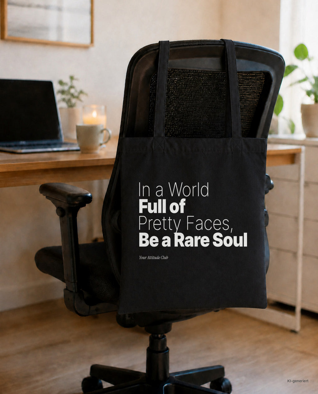 In a World Full of Pretty Faces, Be a Rare Soul – Stoffbeutel mit Spruch schwarz mit weißem Aufdruck, am Bürostuhl im Büro