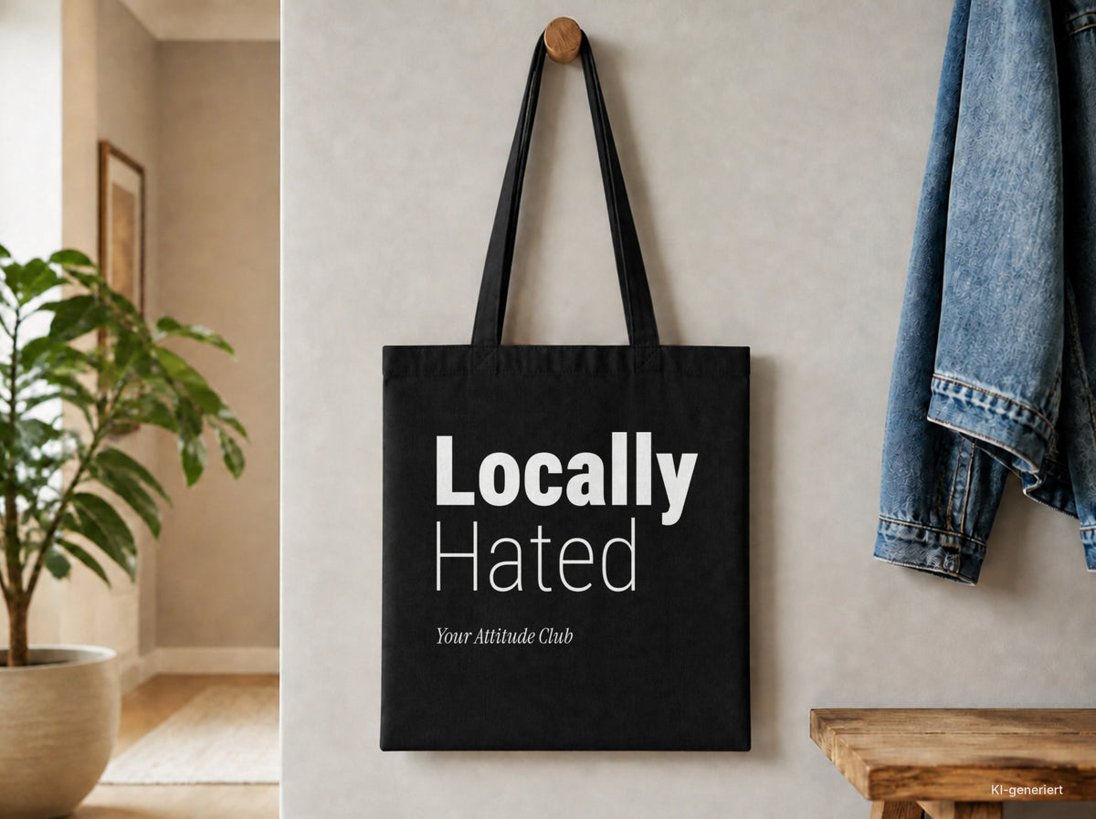 Locally Hated – Stoffbeutel mit Spruch schwarz mit weißem Aufdruck, Detailansicht