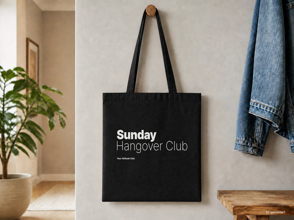 Sunday Hangover Club – Stoffbeutel mit Spruch schwarz mit weißem Aufdruck, Detailansicht
