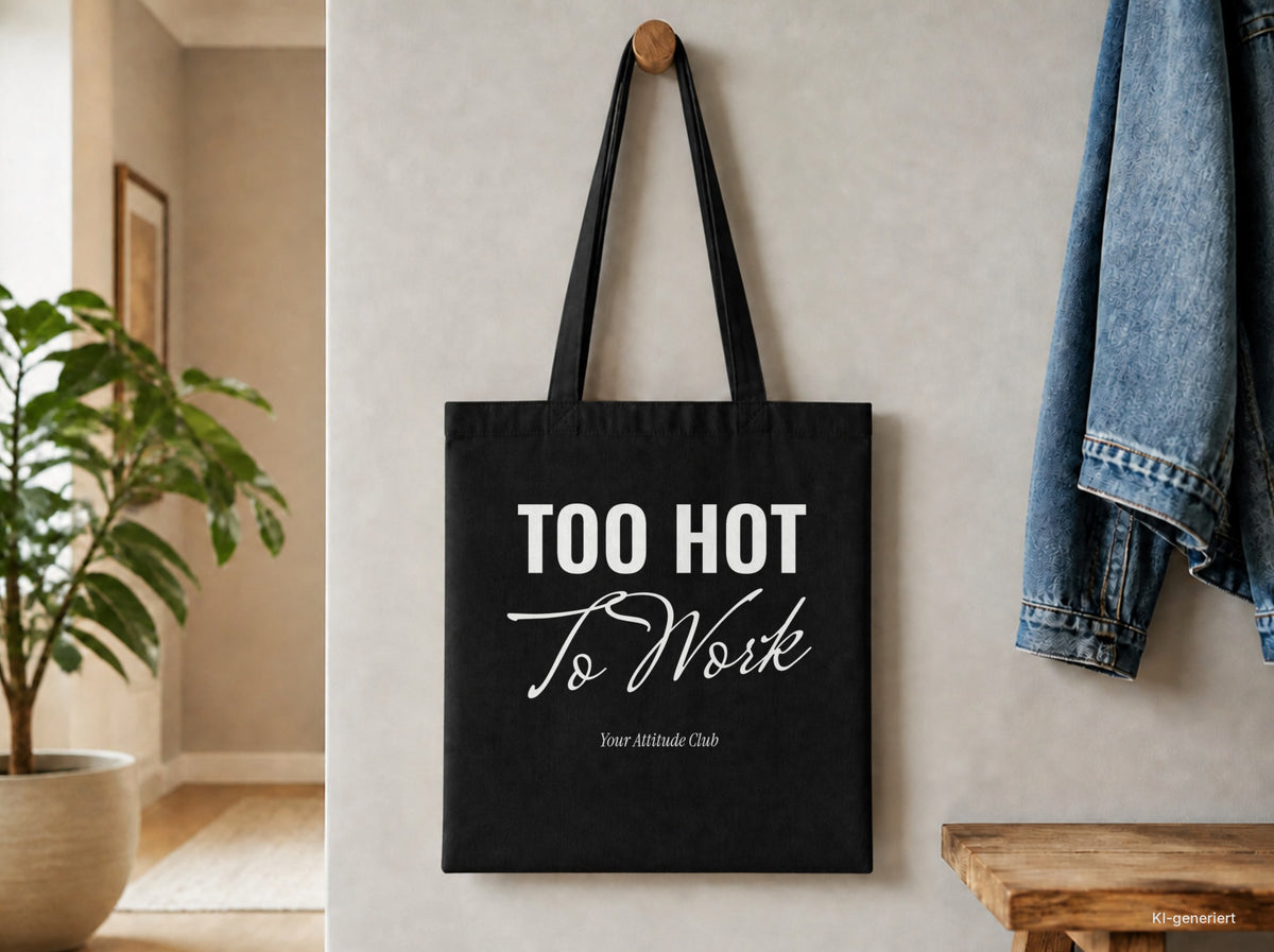Too Hot To Work – Stoffbeutel mit Spruch schwarz mit weißem Aufdruck, Detailansicht