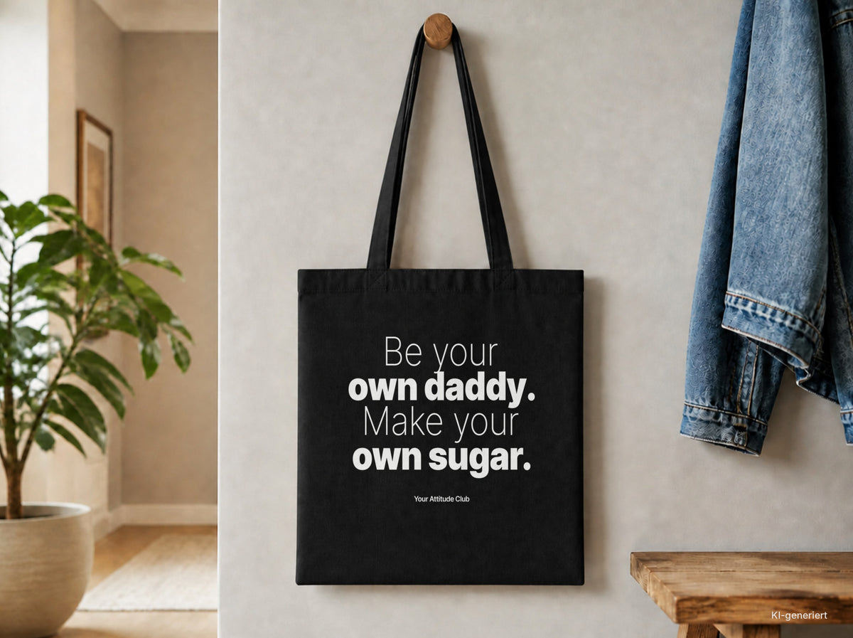 Be your own daddy. Make your own sugar – Stoffbeutel mit Spruch schwarz mit weißem Aufdruck, Detailansicht
