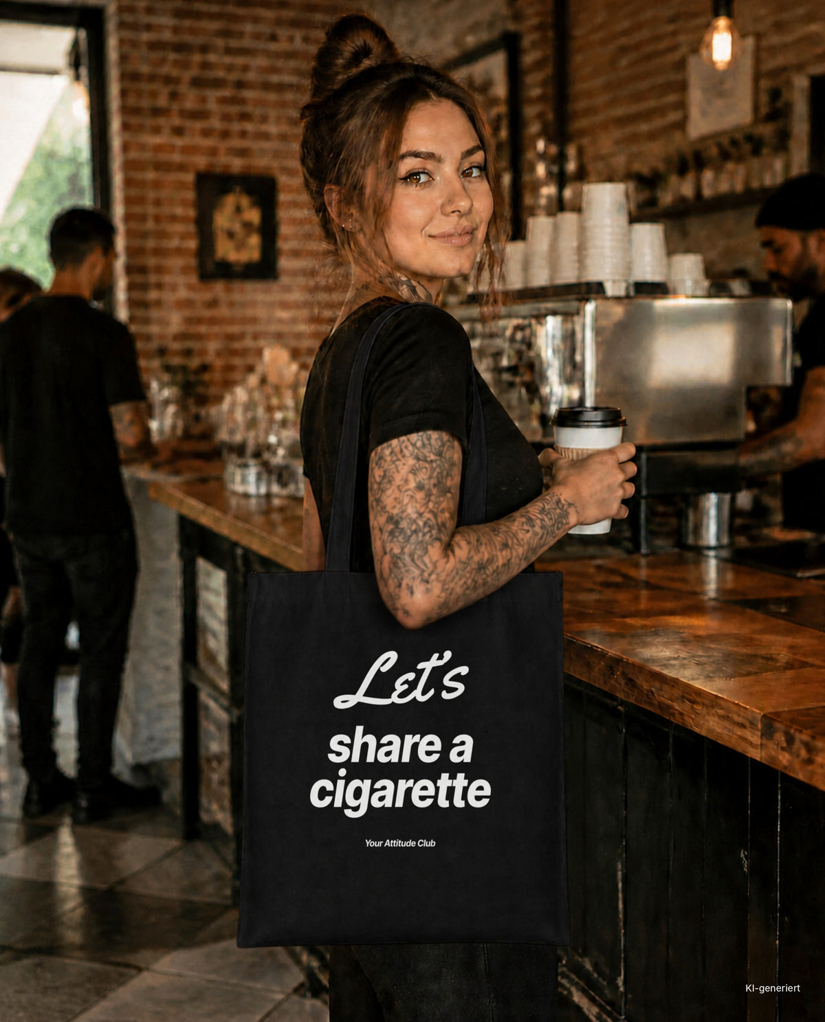 Let’s Share a Cigarette – Stoffbeutel mit Spruch schwarz mit weißem Aufdruck, im Café mit Kaffee