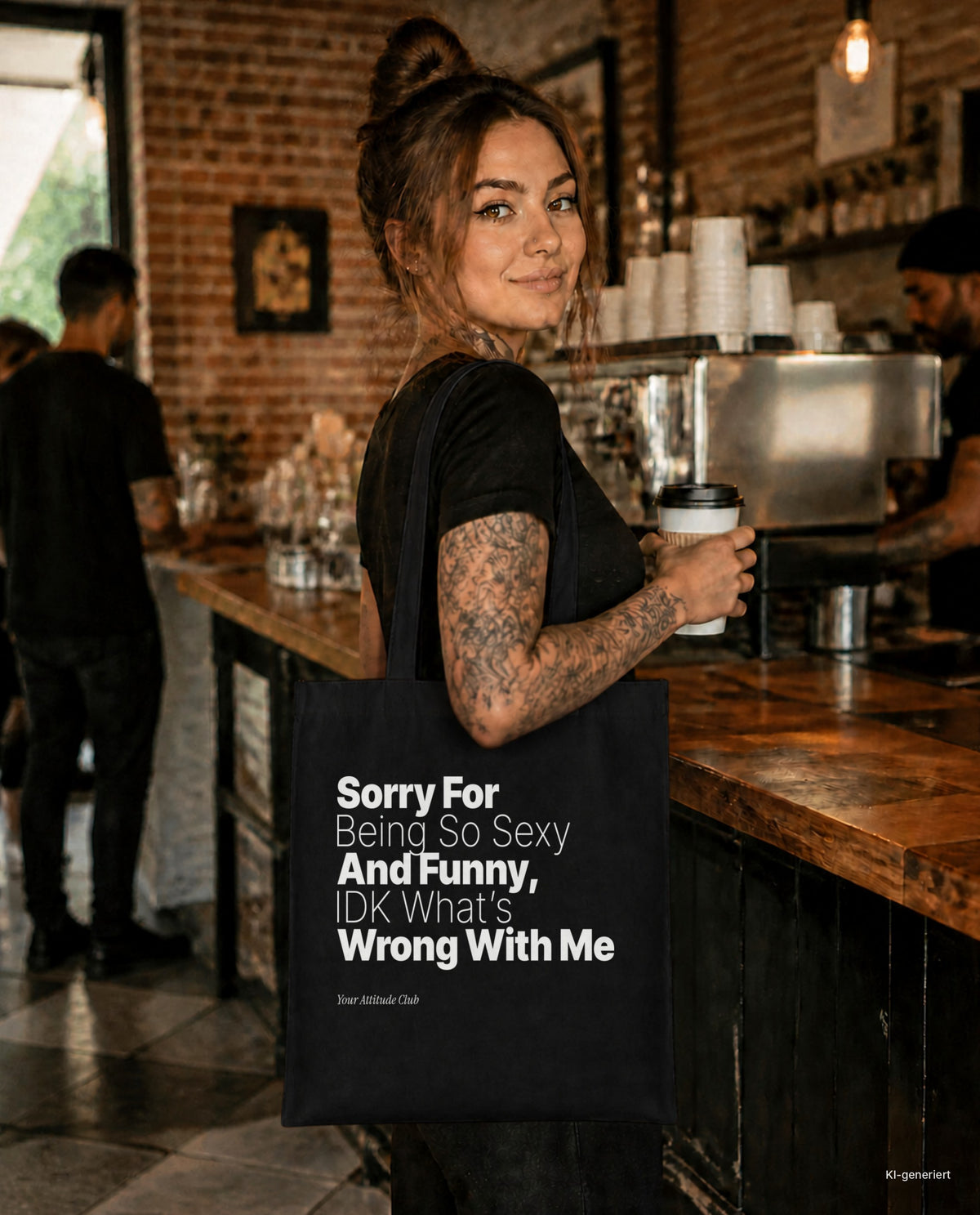 Sorry For Being So Sexy And Funny, IDK What’s Wrong With Me – Stoffbeutel mit Spruch schwarz mit weißem Aufdruck, im Café mit Kaffee