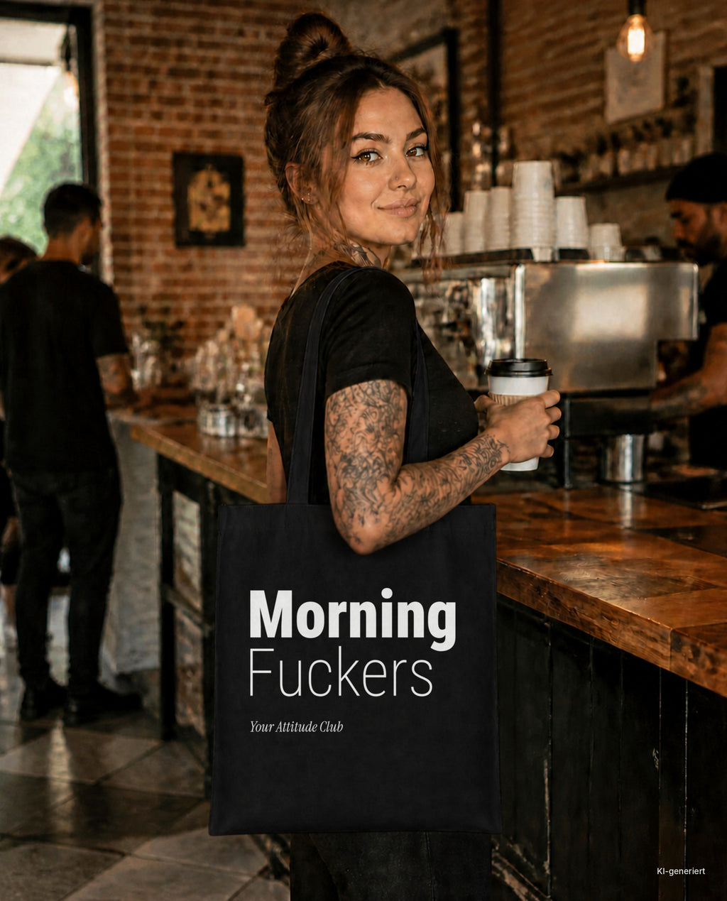 Morning Fuckers – Stoffbeutel mit Spruch schwarz mit weißem Aufdruck, im Café mit Kaffee