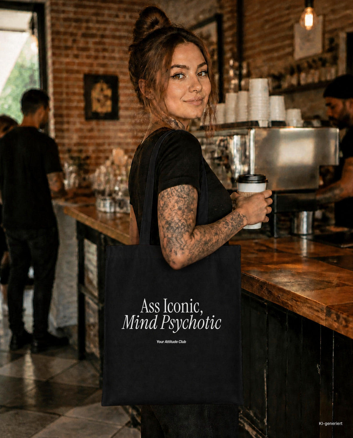 Ass Iconic, Mind Psychotic – Stoffbeutel mit Spruch schwarz mit weißem Aufdruck, im Café mit Kaffee