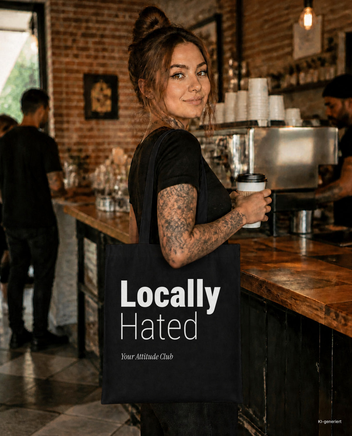 Locally Hated – Stoffbeutel mit Spruch schwarz mit weißem Aufdruck, im Café mit Kaffee