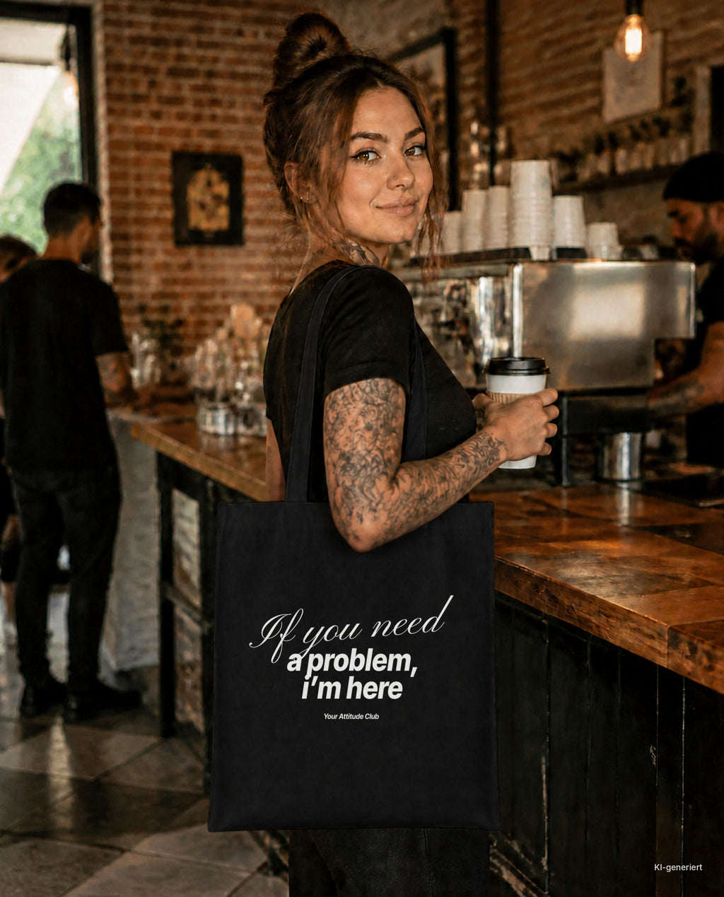 If you need a problem, I’m here – Stoffbeutel mit Spruch schwarz mit weißem Aufdruck, im Café mit Kaffee