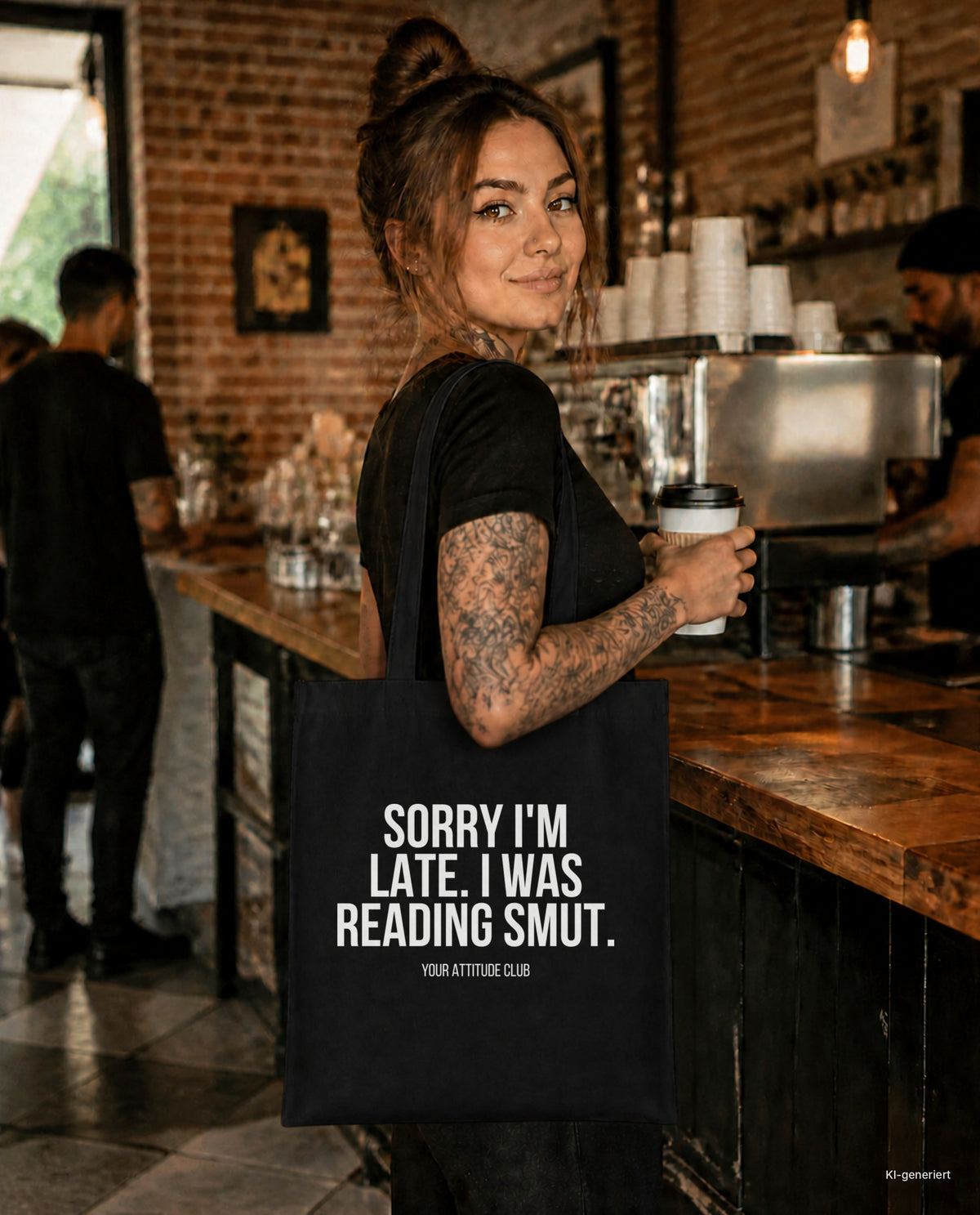 Sorry I'm late. I was reading smut. – Stoffbeutel mit Spruch schwarz mit weißem Aufdruck, im Café mit Kaffee