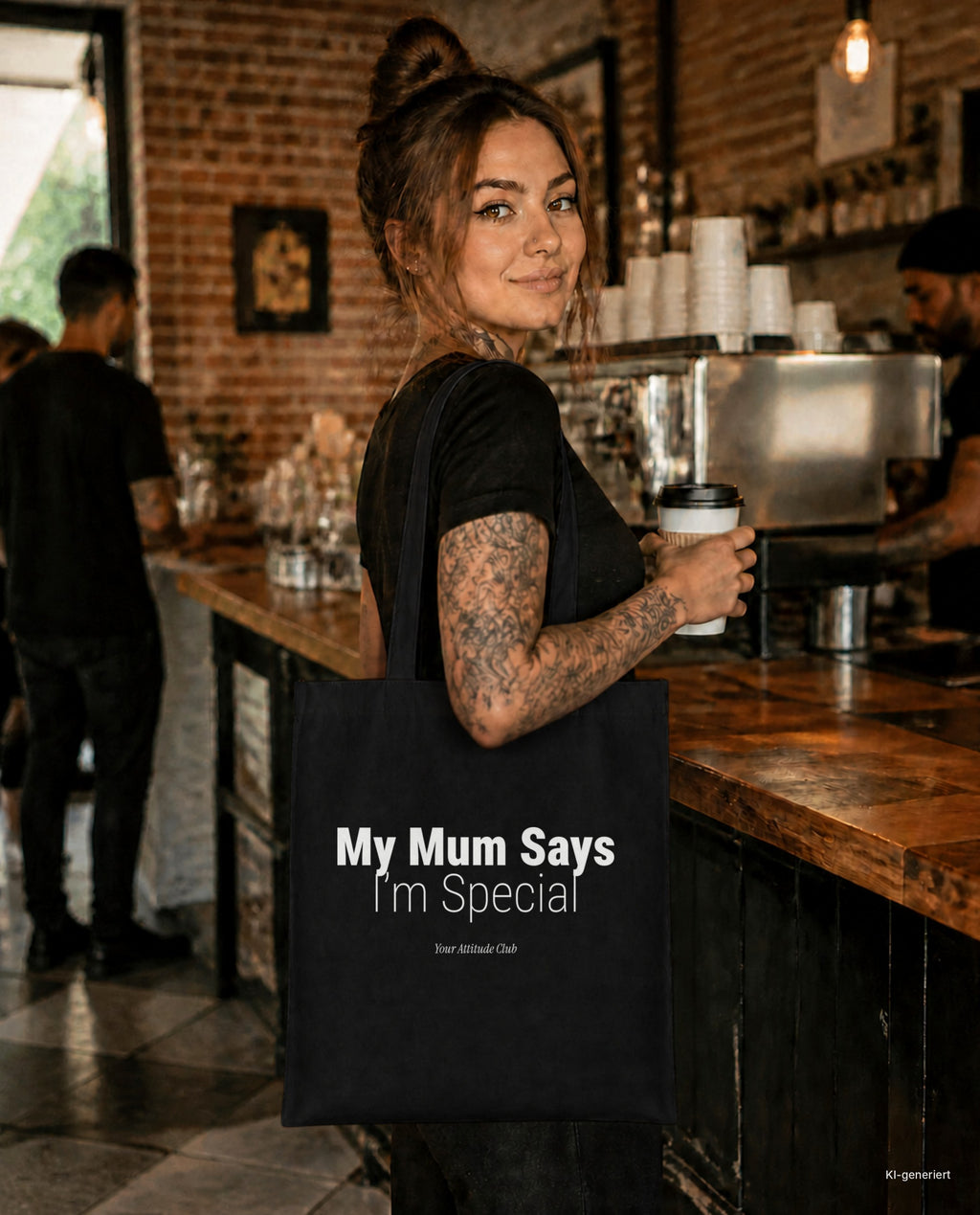 My Mum Says I’m Special – Stoffbeutel mit Spruch schwarz mit weißem Aufdruck, im Café mit Kaffee