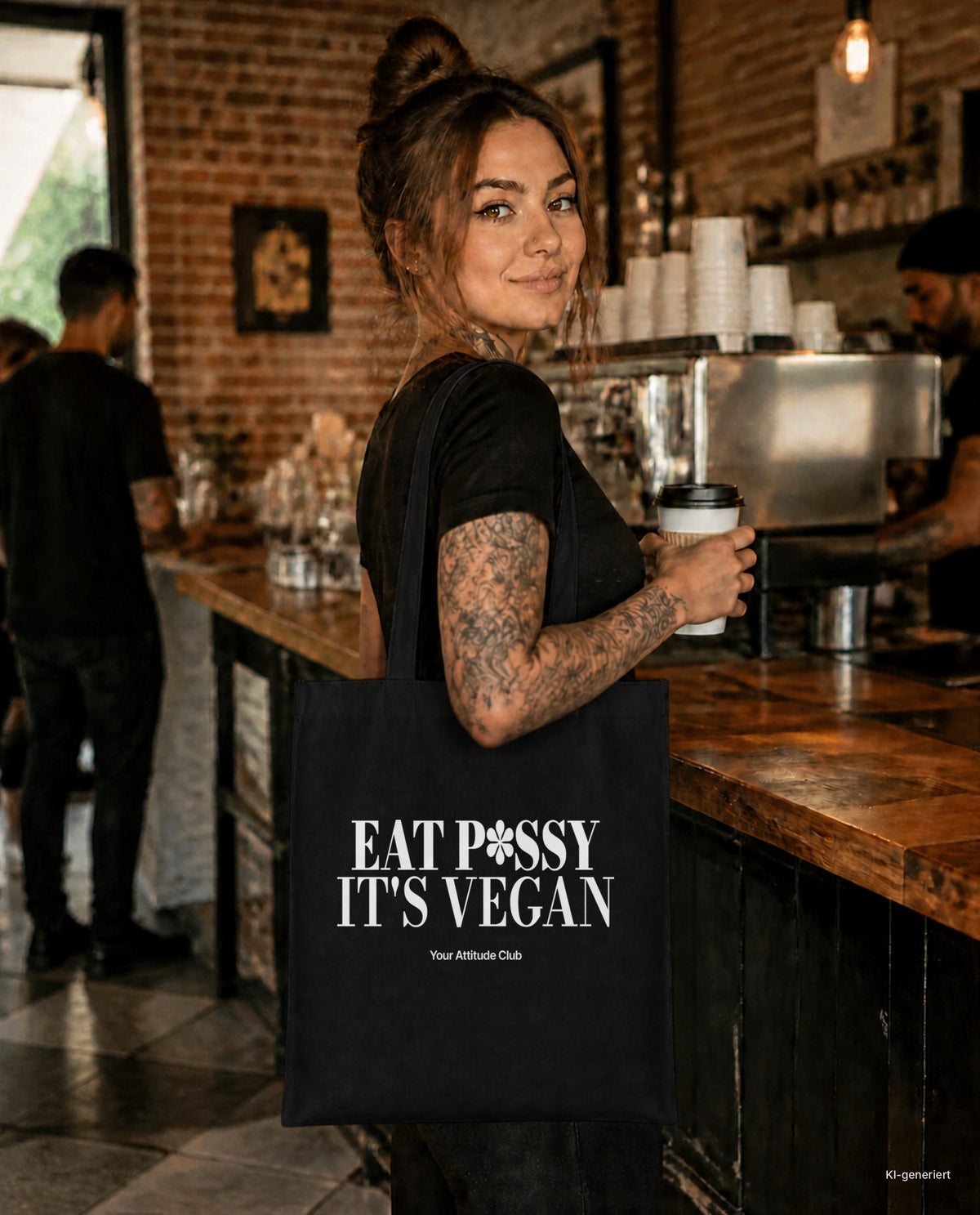 Eat P*ssy It's Vegan – Stoffbeutel mit Spruch schwarz mit weißem Aufdruck, im Café mit Kaffee