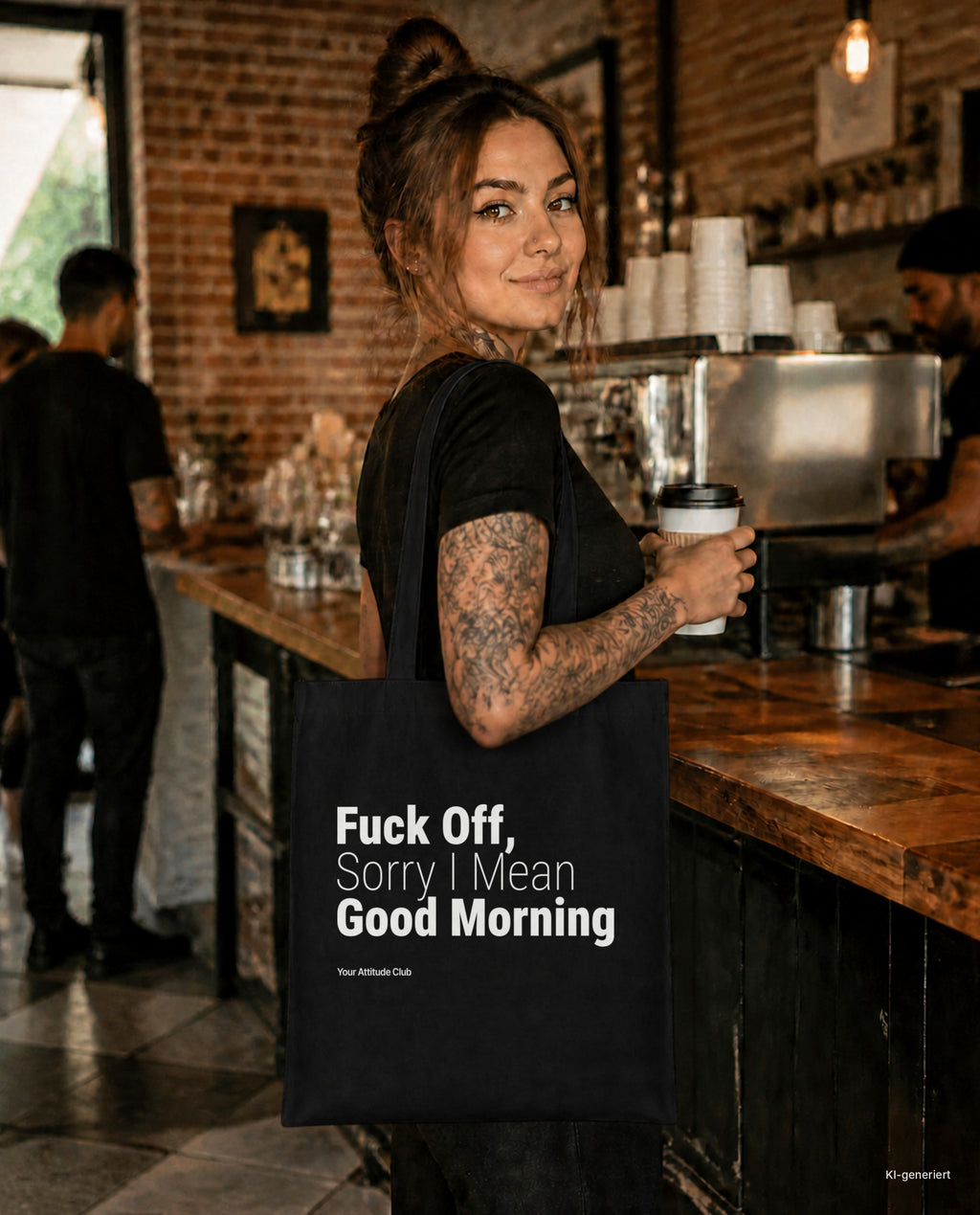 Fuck Off, Sorry I Mean Good Morning – Stoffbeutel mit Spruch schwarz mit weißem Aufdruck, im Café mit Kaffee