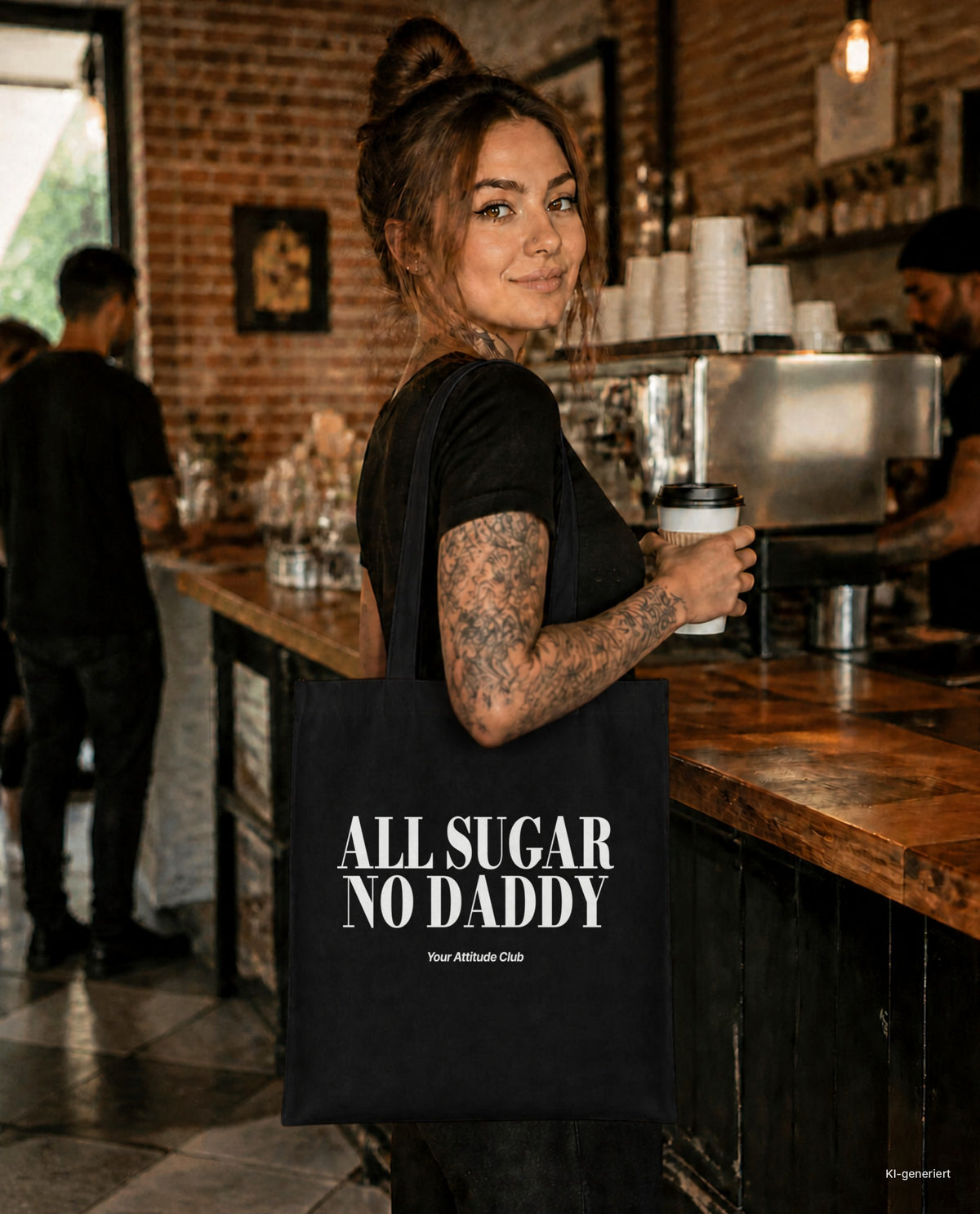 All Sugar No Daddy – Stoffbeutel mit Spruch schwarz mit weißem Aufdruck, im Café mit Kaffee