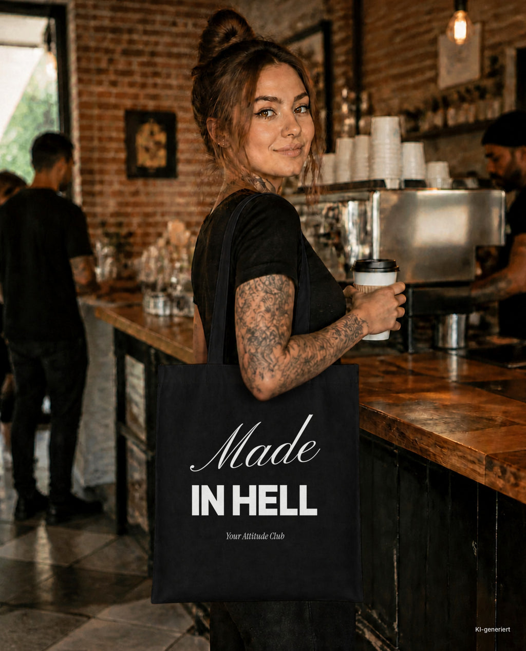 Made In Hell – Stoffbeutel mit Spruch schwarz mit weißem Aufdruck, im Café mit Kaffee