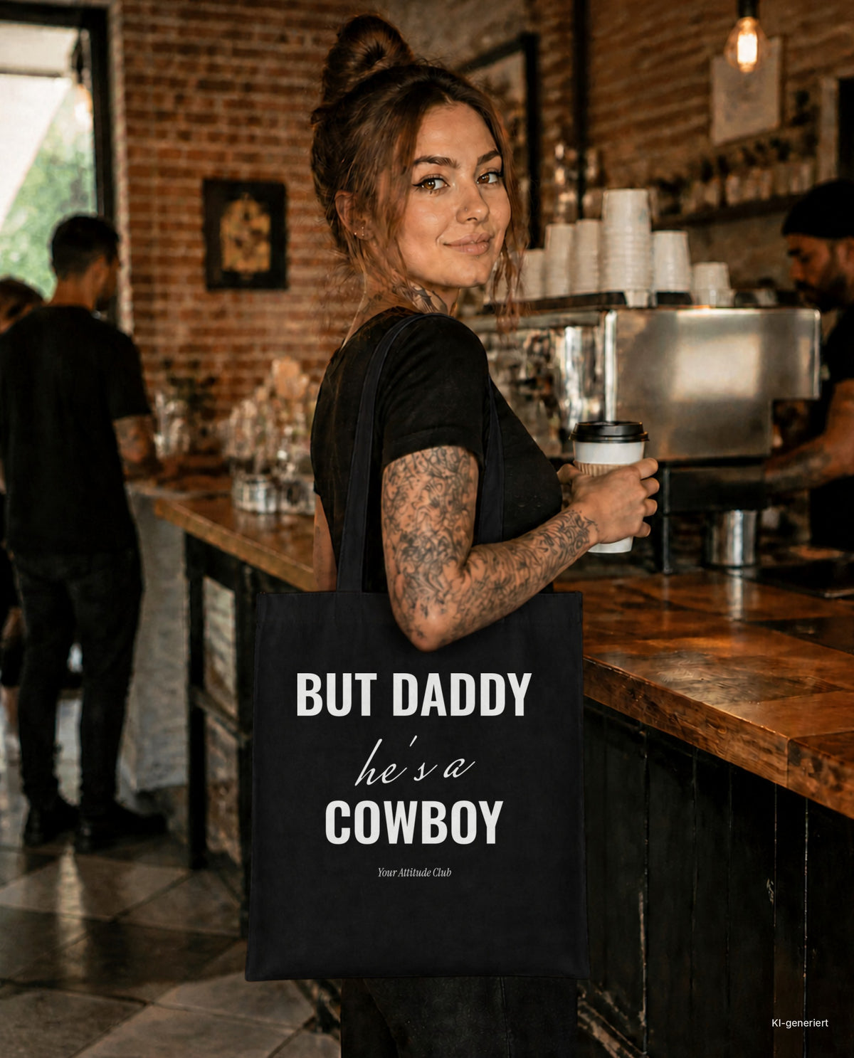 But Daddy he's a cowboy – Stoffbeutel mit Spruch schwarz mit weißem Aufdruck, im Café mit Kaffee