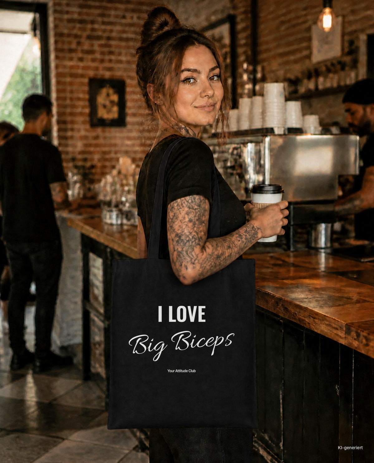I Love Big Biceps – Stoffbeutel mit Spruch schwarz mit weißem Aufdruck, im Café mit Kaffee
