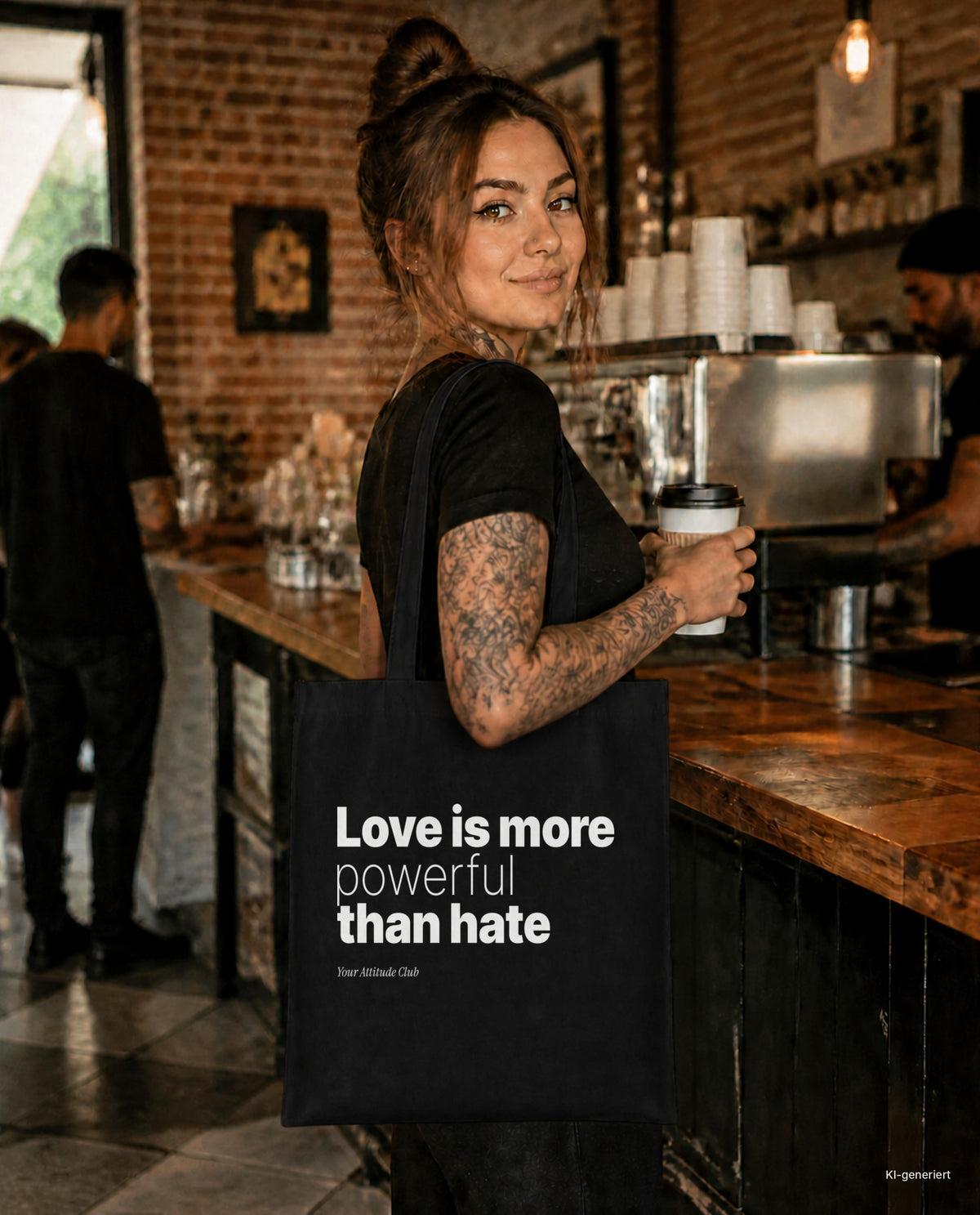 Love is more powerful than hate – Stoffbeutel mit Spruch schwarz mit weißem Aufdruck, im Café mit Kaffee