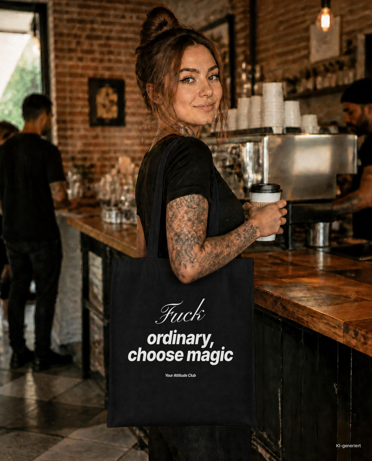 Fuck Ordinary, Choose Magic – Stoffbeutel mit Spruch schwarz mit weißem Aufdruck, im Café mit Kaffee