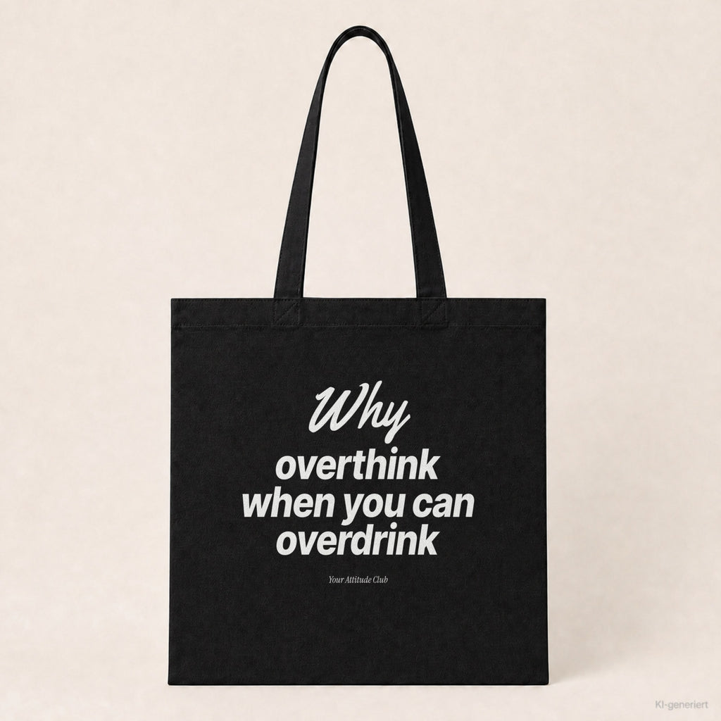 Why Overthink When You Can Overdrink – Stoffbeutel mit Spruch schwarz mit weißem Aufdruck, Produktansicht