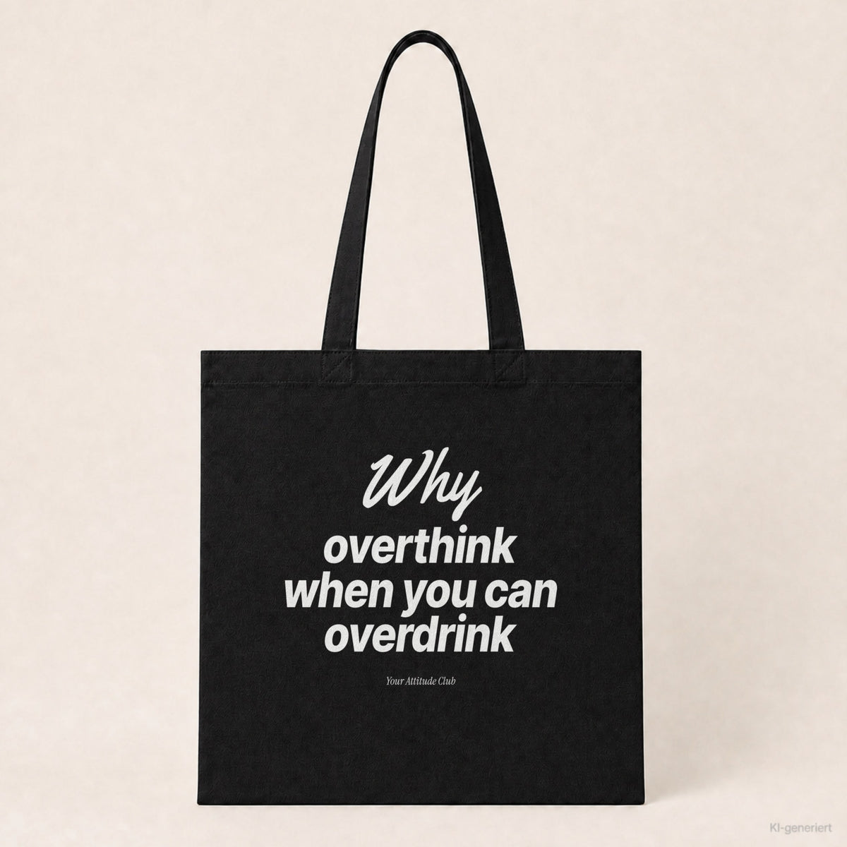 Why Overthink When You Can Overdrink – Stoffbeutel mit Spruch schwarz mit weißem Aufdruck, Produktansicht