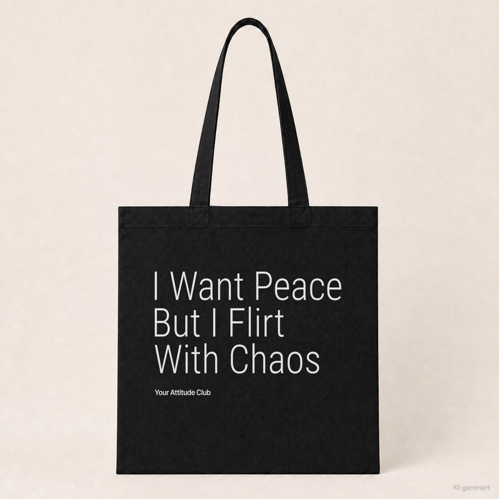 I Want Peace But I Flirt With Chaos – Stoffbeutel mit Spruch schwarz mit weißem Aufdruck, Produktansicht