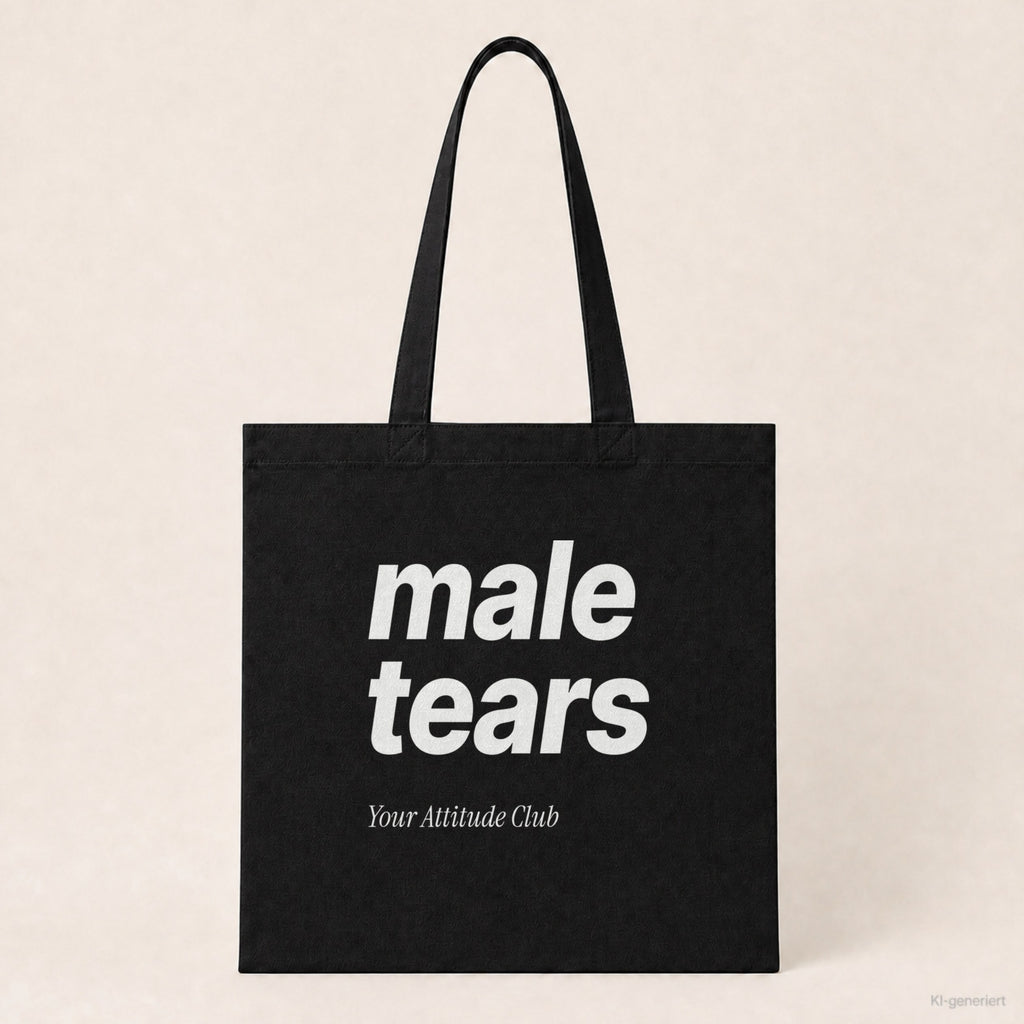 Male Tears – Stoffbeutel mit Spruch schwarz mit weißem Aufdruck, Produktansicht