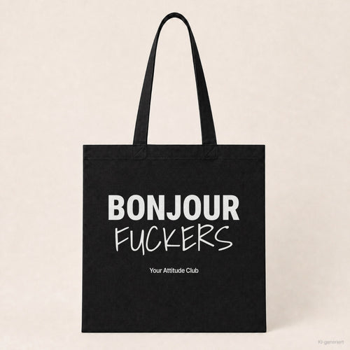 Bonjour Fuckers – Stoffbeutel mit Spruch schwarz mit weißem Aufdruck, Produktansicht