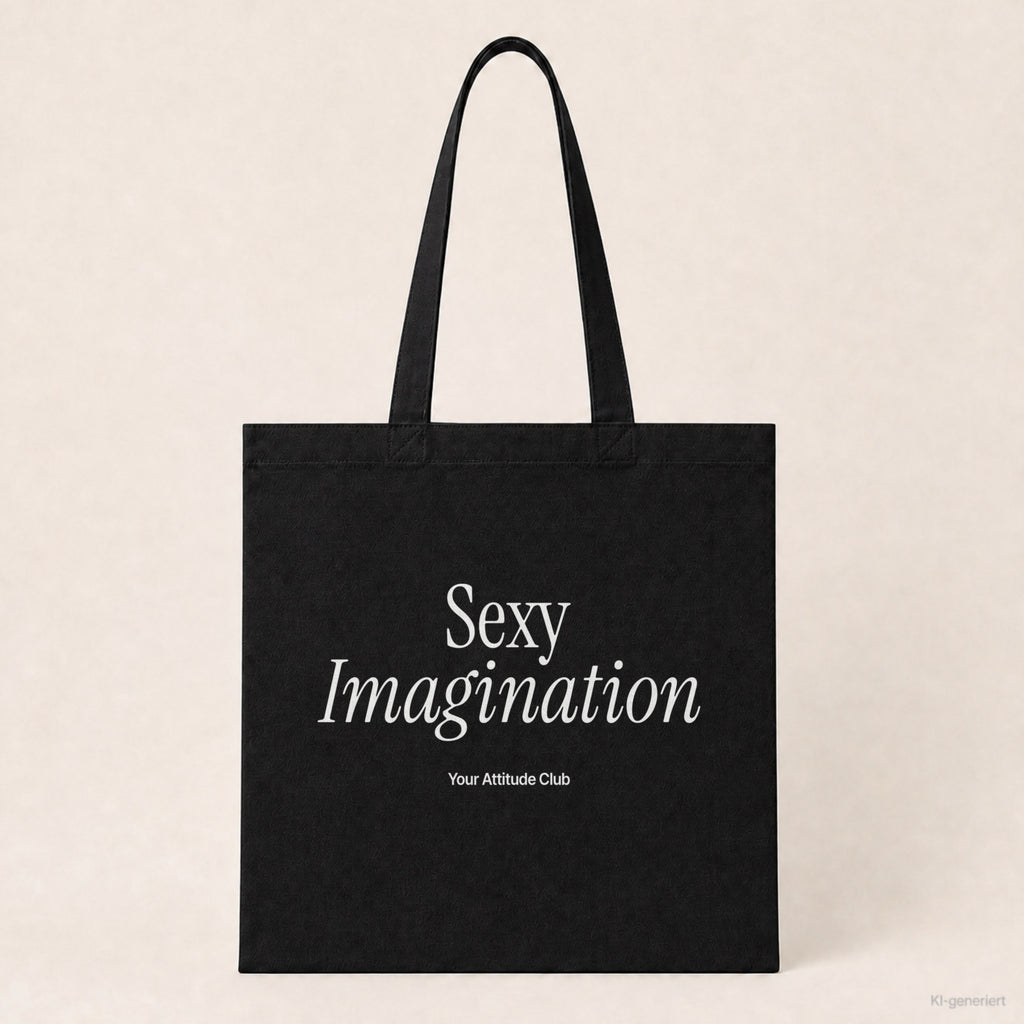 Sexy Imagination – Stoffbeutel mit Spruch schwarz mit weißem Aufdruck, Produktansicht