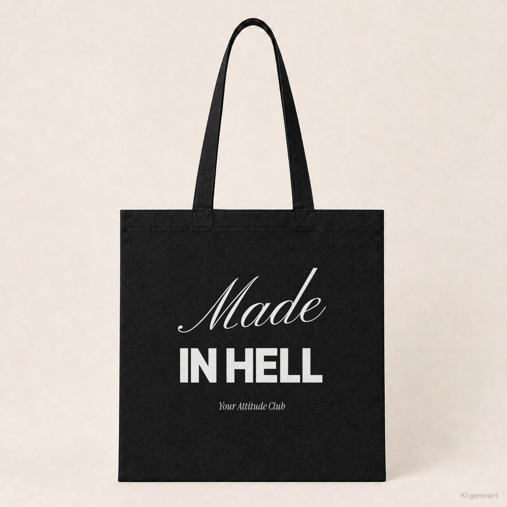 Made In Hell – Stoffbeutel mit Spruch schwarz mit weißem Aufdruck, Produktansicht