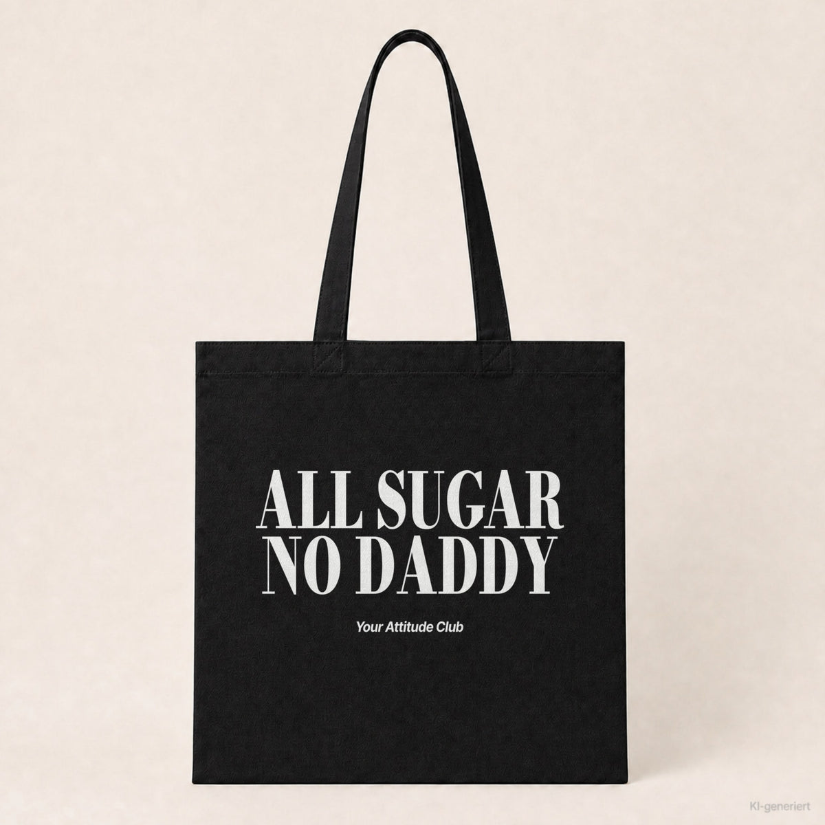 All Sugar No Daddy – Stoffbeutel mit Spruch schwarz mit weißem Aufdruck, Produktansicht