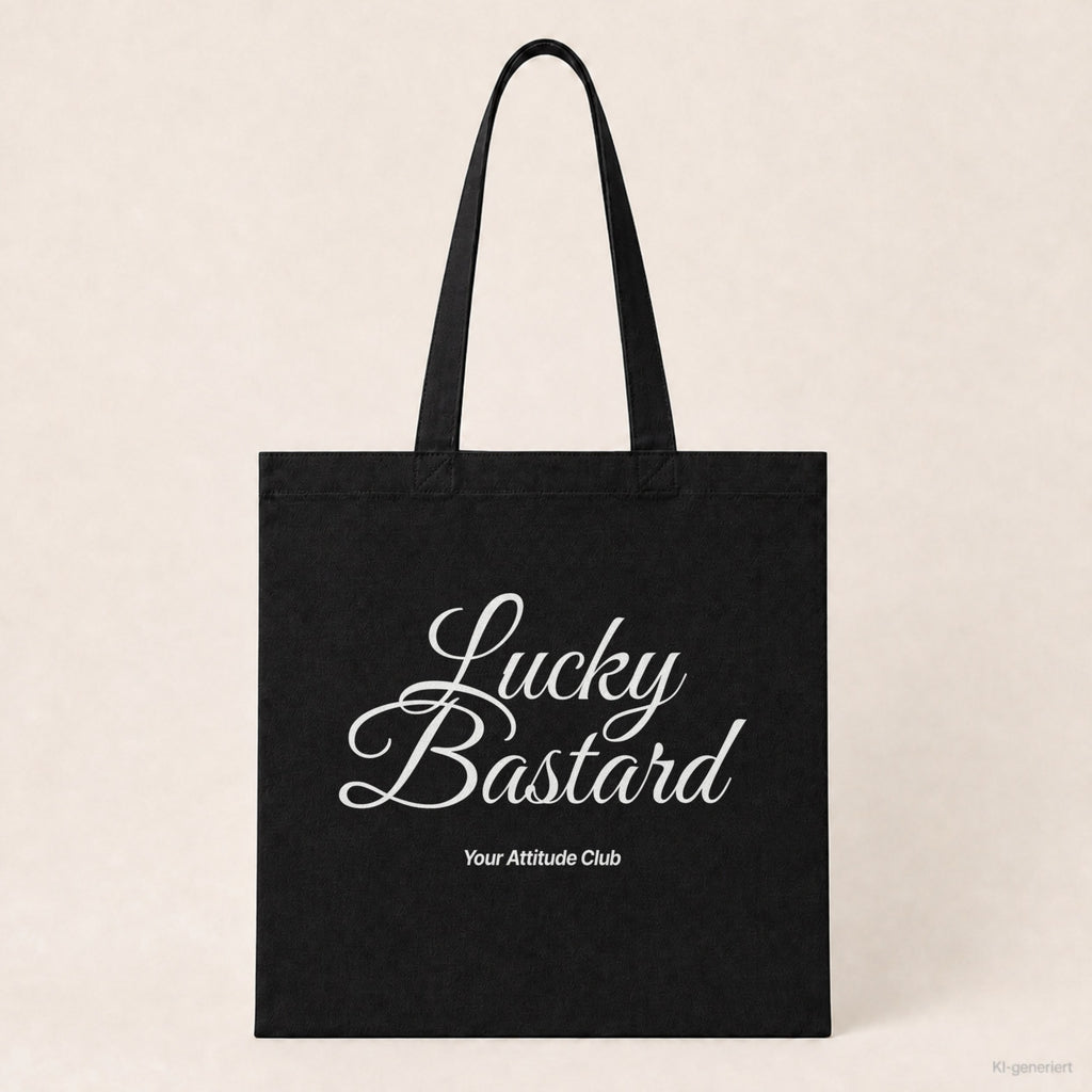 Lucky Bastard – Stoffbeutel mit Spruch schwarz mit weißem Aufdruck, Produktansicht