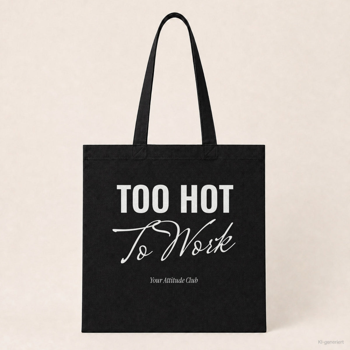 Too Hot To Work – Stoffbeutel mit Spruch schwarz mit weißem Aufdruck, Produktansicht