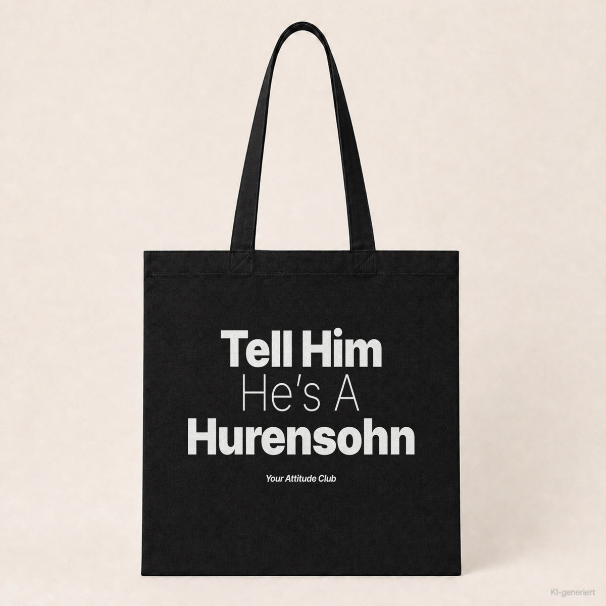Tell Him He’s A Hurensohn – Stoffbeutel mit Spruch schwarz mit weißem Aufdruck, Produktansicht