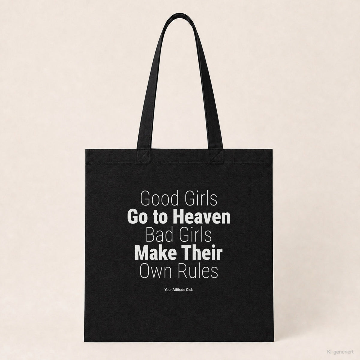 Good Girls Go to Heaven Bad Girls Make Their Own Rules – Stoffbeutel mit Spruch schwarz mit weißem Aufdruck, Produktansicht