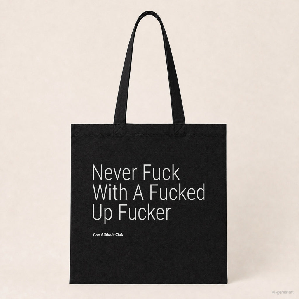 Never Fuck With A Fucked Up Fucker – Stoffbeutel mit Spruch schwarz mit weißem Aufdruck, Produktansicht