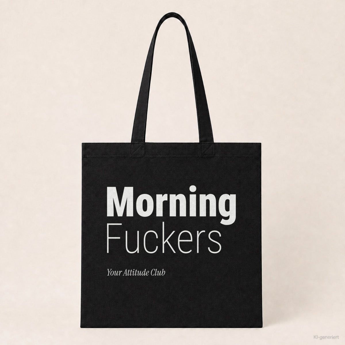 Morning Fuckers – Stoffbeutel mit Spruch schwarz mit weißem Aufdruck, Produktansicht