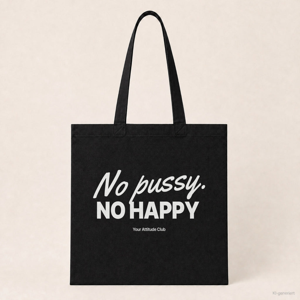 No pussy. No happy – Stoffbeutel mit Spruch schwarz mit weißem Aufdruck, Produktansicht