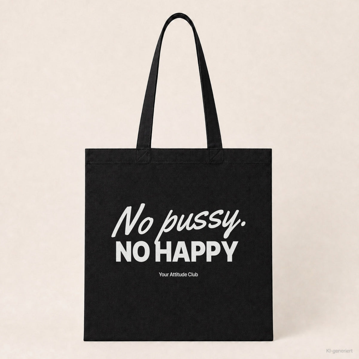 No pussy. No happy – Stoffbeutel mit Spruch schwarz mit weißem Aufdruck, Produktansicht